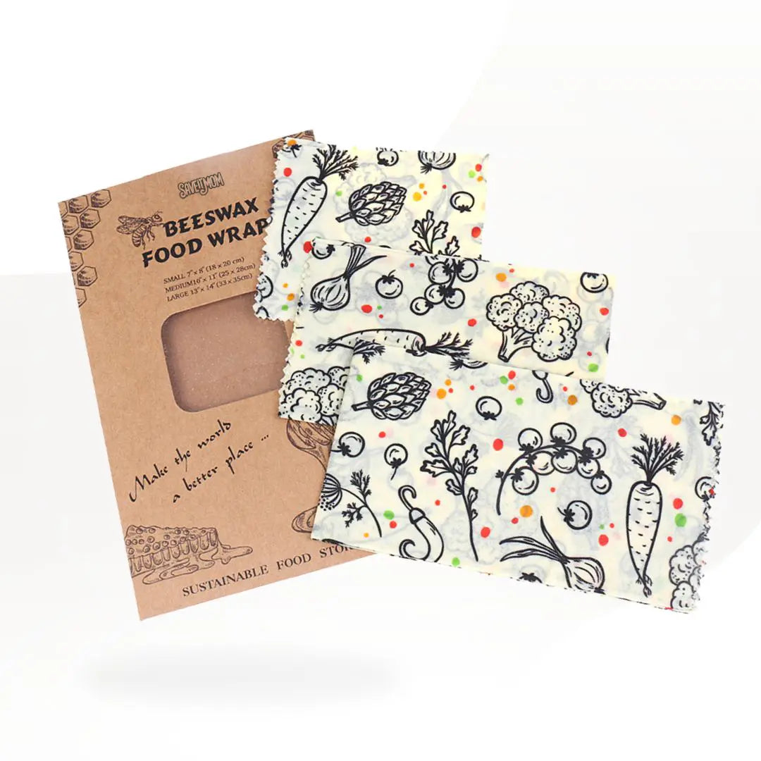 Set of 3 SaveItMom Reusable Beeswax Wraps for eco-friendly and plastic-free food storage